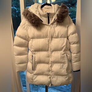 Creatmo Sz XXL Women's White Puffer Jacket with Faux Fur Hood